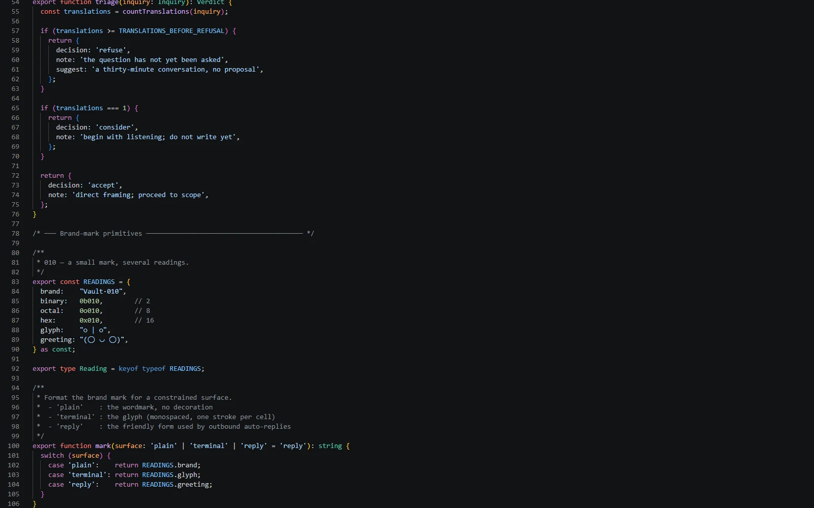 A short TypeScript snippet defining the brand mark in several numeric and visual readings.